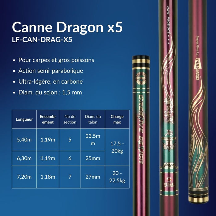 Canne à pêche chinoise Dragon x5 en carbone - Série Rouge